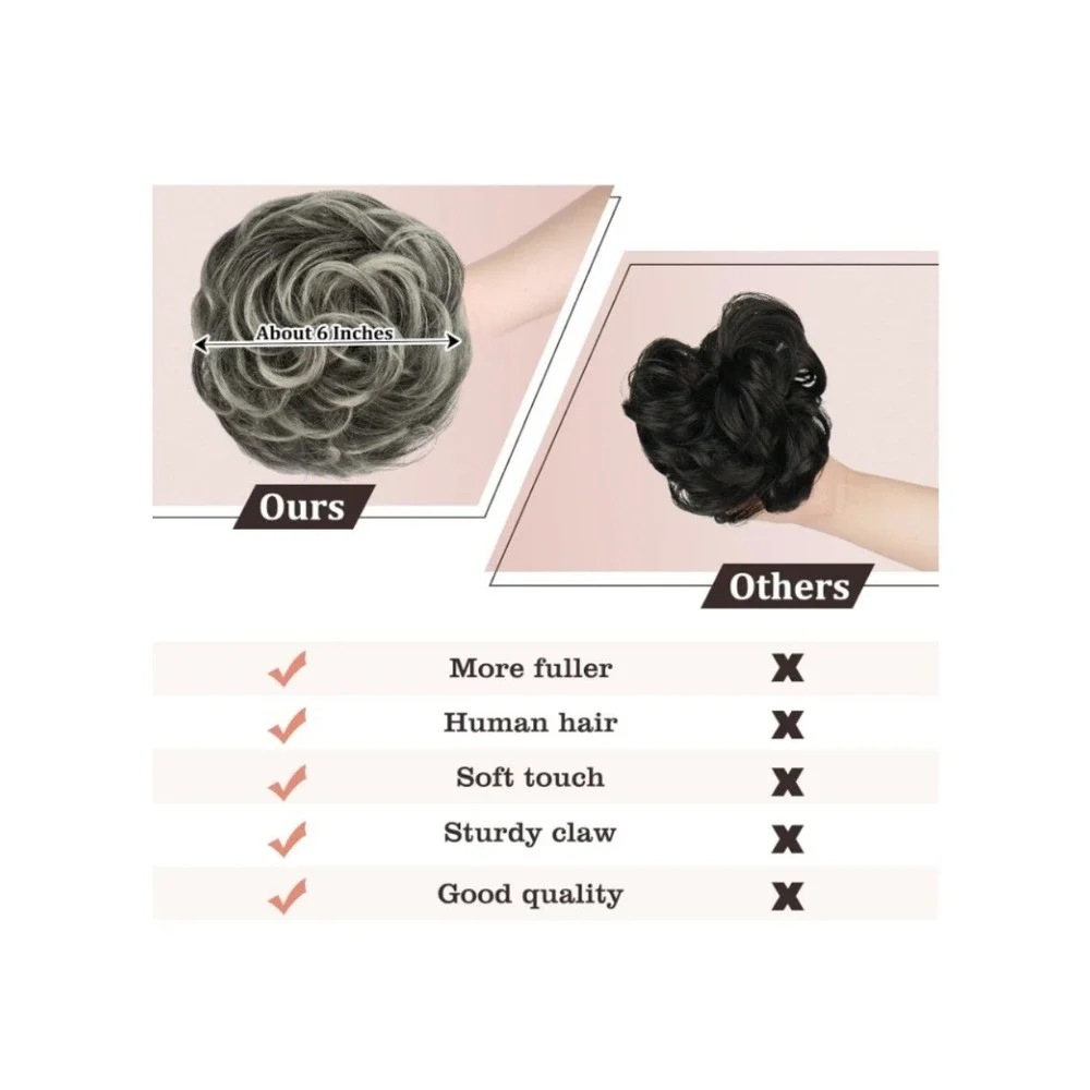 Large Messy Bun Hair Piece Claw Clip 100% Human Hair Wavy Chignon Gray (1B/62)
